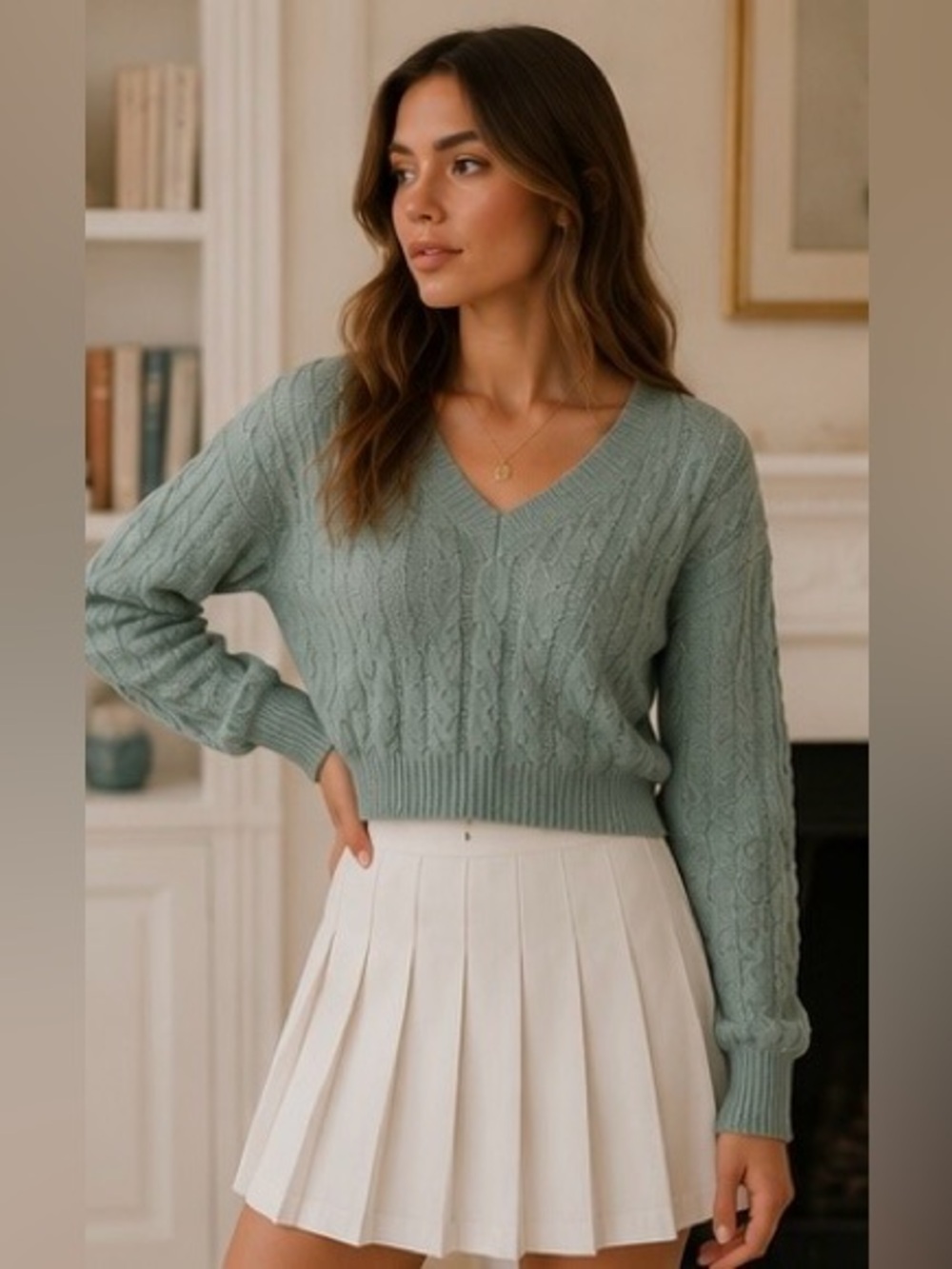 Sage Green Cable Knit Cropped Sweater Sz M Soft‎ Girl Preppy Cozy